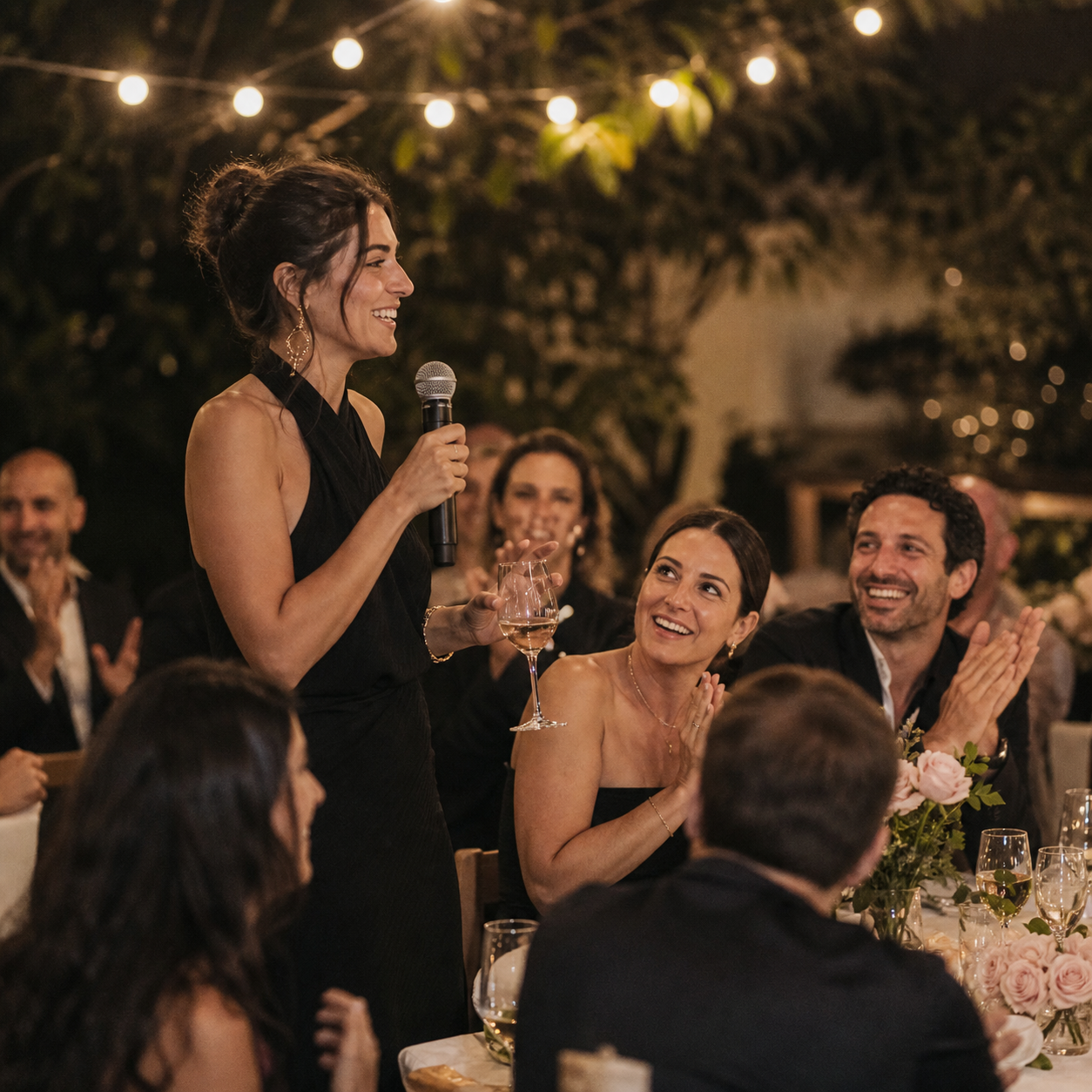 אורחת נושאת ברכה מול קהל מחויך באירוע ערב